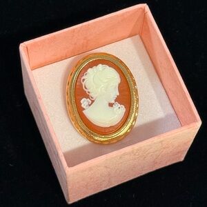 Vintage Classic Cameo Brooch Pendant in Orange and Gold